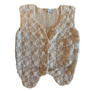 Bohemian Womens Small Cream Cotton Crochet Floral Popcorn Stitch Button Vest
